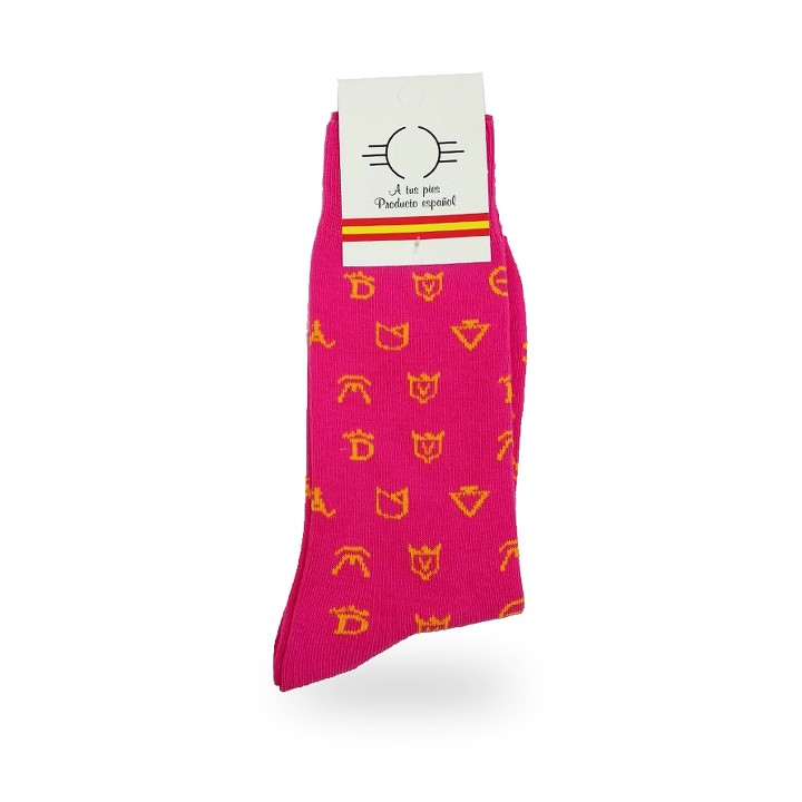 Stierkampf-Socken mit Brandzeichen der Stierzuchten in Fuchsia