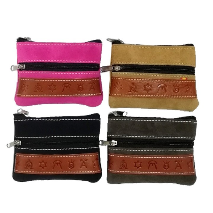Suede split leather coin purses double zipper with engraved cattle brand strap assorted colors - ZiNGS