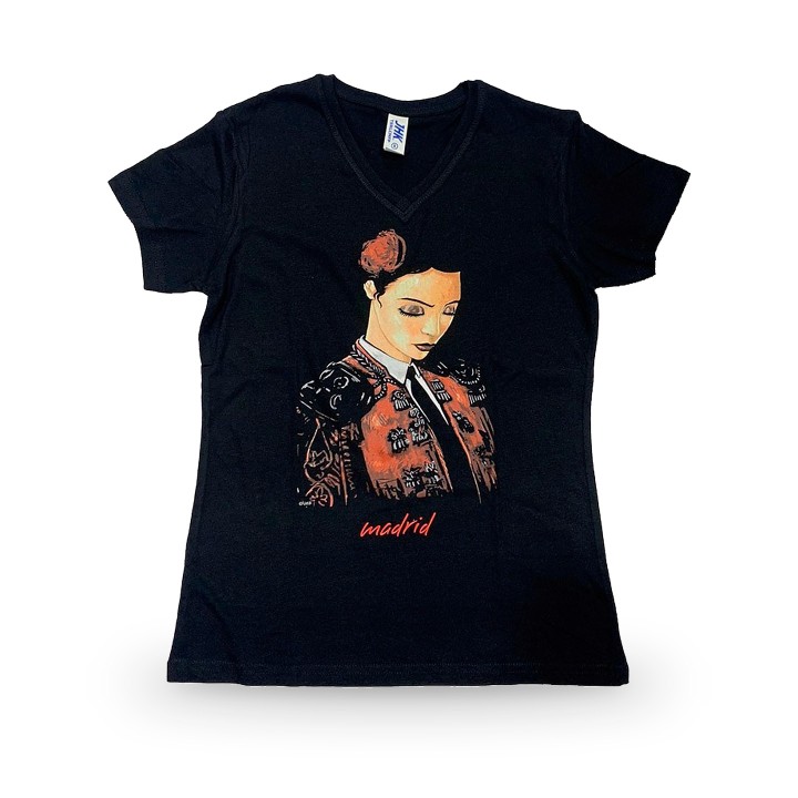 T-shirt justa de mulher toureira, preta, com decote em bico