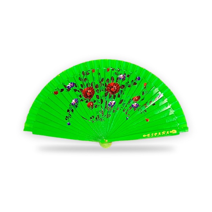 Floral wooden hand fan with España lettering, green