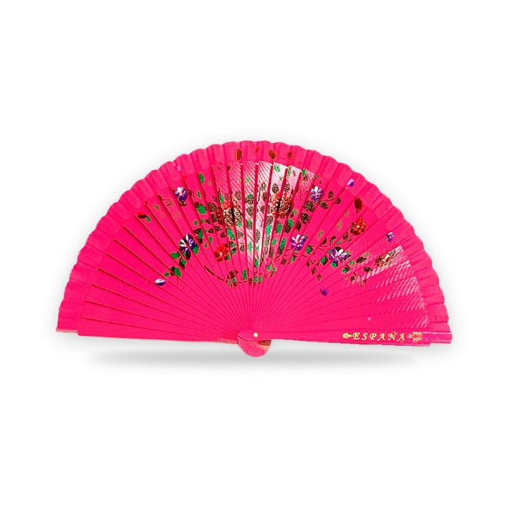 Éventail en bois à fleurs avec l'inscription España, fuchsia