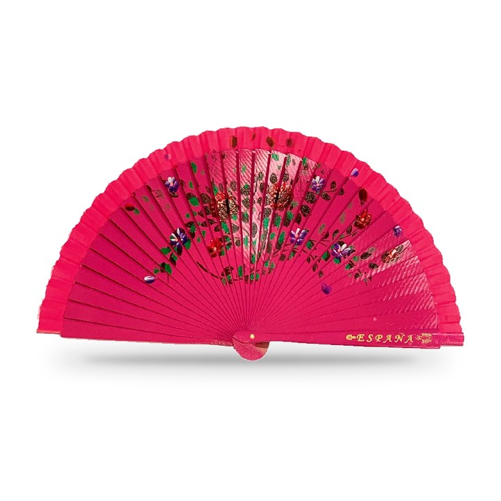Fächer aus Holz mit Blumen und dem Schriftzug España, Fuchsia