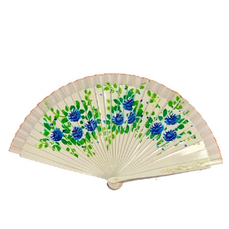 abanico de madera con flores color blanco