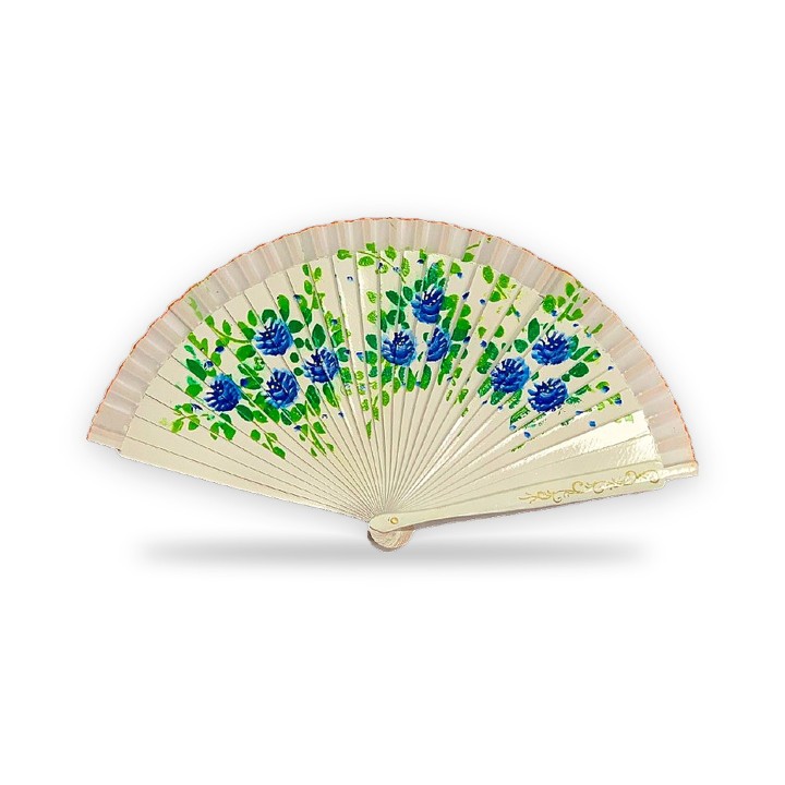 Floral wooden hand fan with Madrid lettering, white