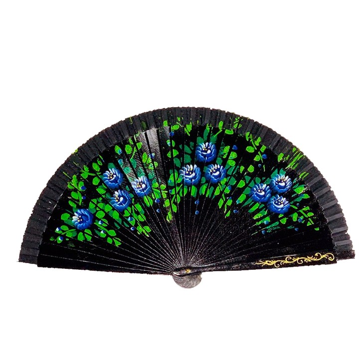 Floral wooden hand fan with Madrid lettering, black