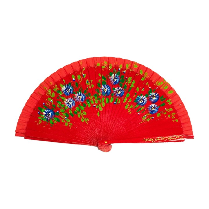 Leque de madeira com flores e Madrid recortado, vermelho