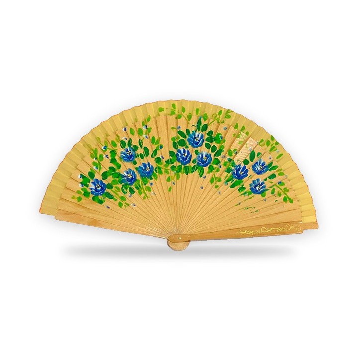 Floral wooden hand fan with Madrid lettering, natural