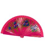 Floral wooden hand fan with Madrid lettering, fuchsia