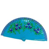 Floral wooden hand fan with Madrid lettering, royal blue