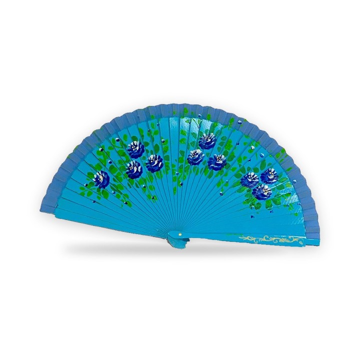 Floral wooden hand fan with Madrid lettering, royal blue