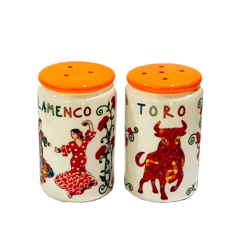 Salt and pepper set "Toro y Flamenca" Trencadís orange
