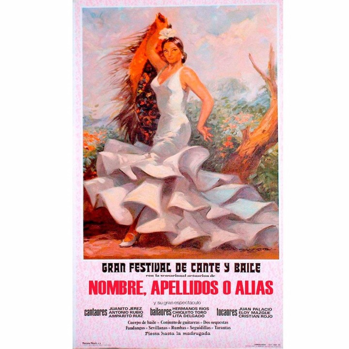 Cartaz de flamenco personalizado: bailaora com bata de cola branca e xaile de Manila
