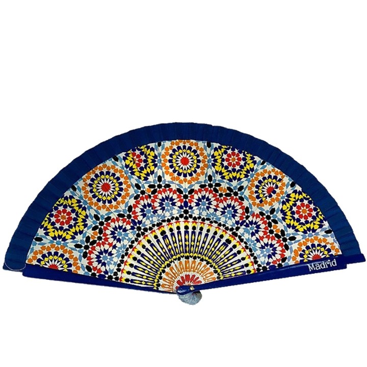 Wooden hand fan with arabesque openwork, blue