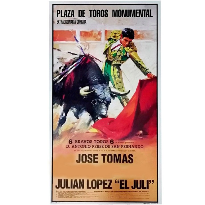 Bullfight poster featuring José Tomás and El Juli, muleta design