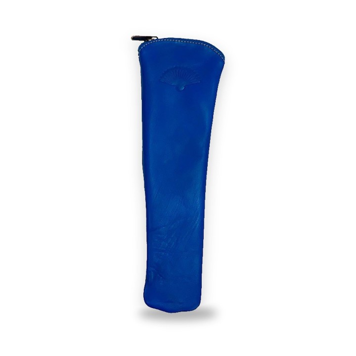 Leather hand fan case in royal blue, with engraved fan