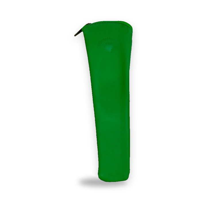 Leather hand fan case in green, with engraved fan