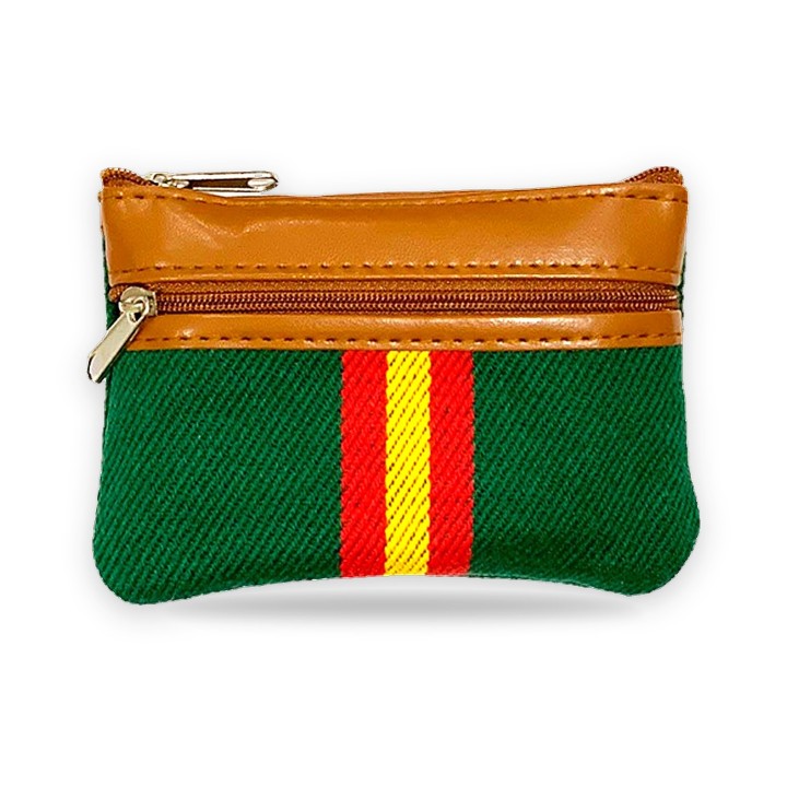 Spanish flag coin purse in green estribera fabric with brown faux leather
