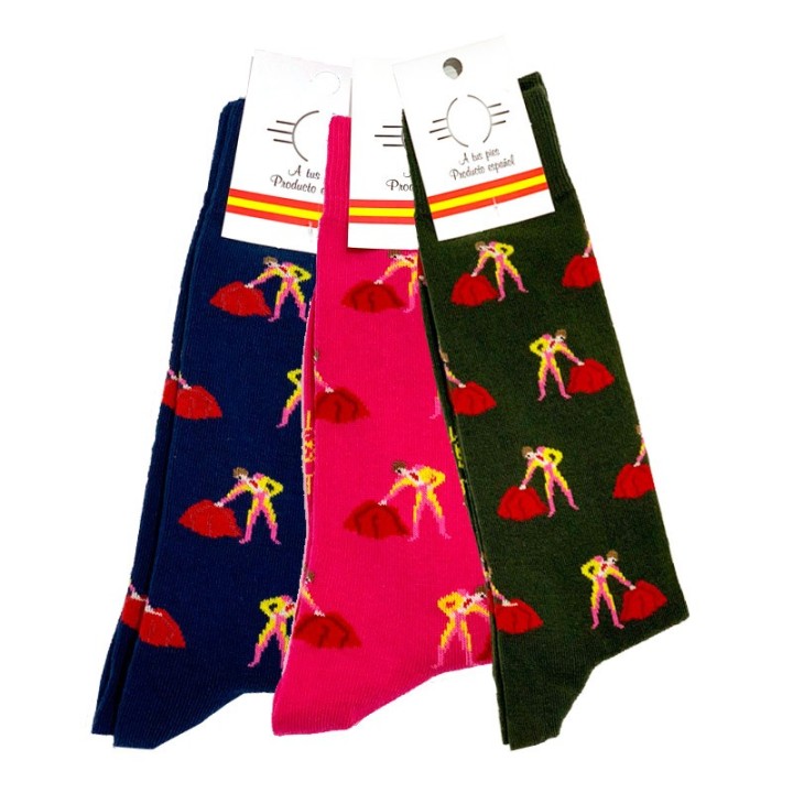 Chaussettes tauromachie passes de torero coton peigné coloris bleu marine fuchsia et vert - ZiNGS