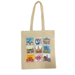 Madrid landmarks postage stamps cotton tote bag, Spanish city monuments canvas shopper