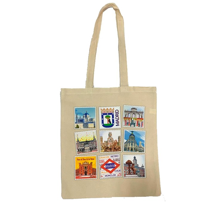 Borsa in tela Souvenirs de Madrid, design Francobolli dei monumenti