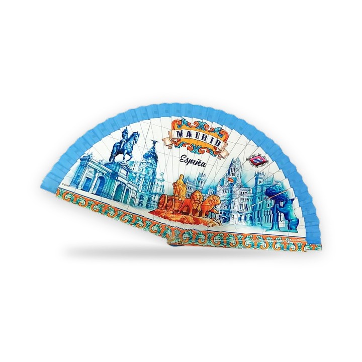 Wooden hand fan with Madrid monuments, sky blue background