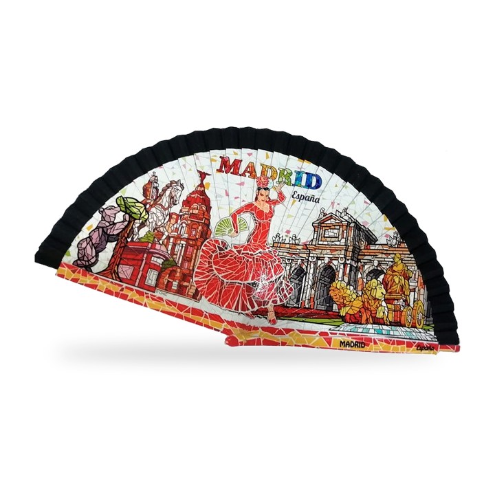 Leque de madeira com bailaora e monumentos de Madrid e Espanha