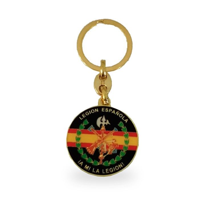 Porta-chaves de metal dourado da Legión Española com os seus lemas