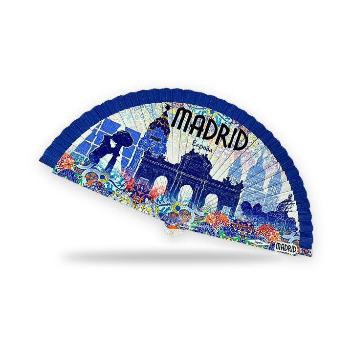 Abanico de madera con la Puerta de Alcalá, la Cibeles, el Metrópolis y el Oso y el Madroño