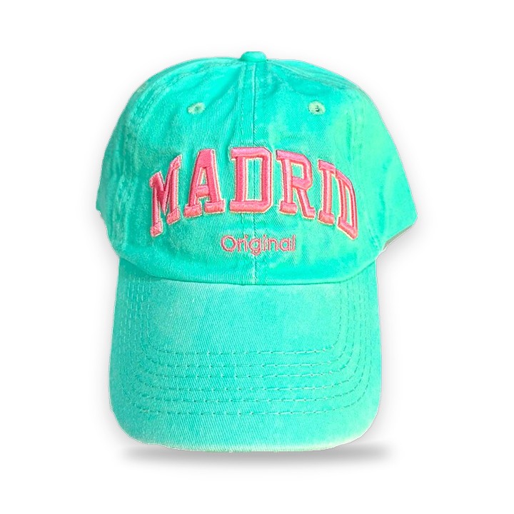 Gorra Robin Ruth «Madrid Original» de pana verde turquesa, bordado rosa
