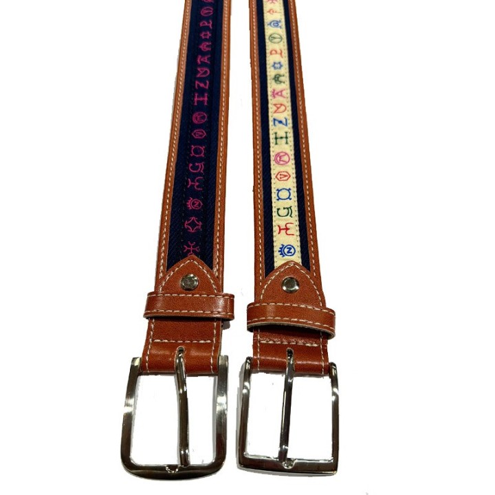 Bullfighting fabric and brown faux leather belt with embroidered cattle brands and silver buckle - ZiNGS