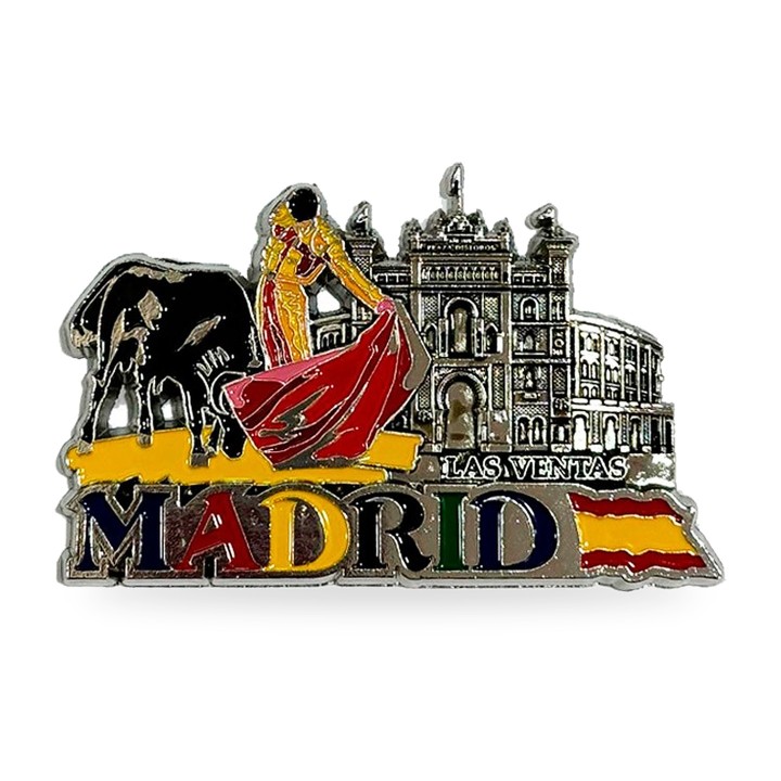 Torero-Kühlschrankmagnet aus Metall im Relief mit Madrid, Puerta de Alcalá und Flagge