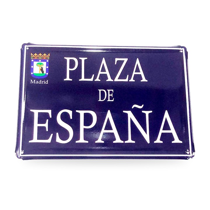 Blechschild Madrider Straßen, Modell Plaza de España blau mit Wappen