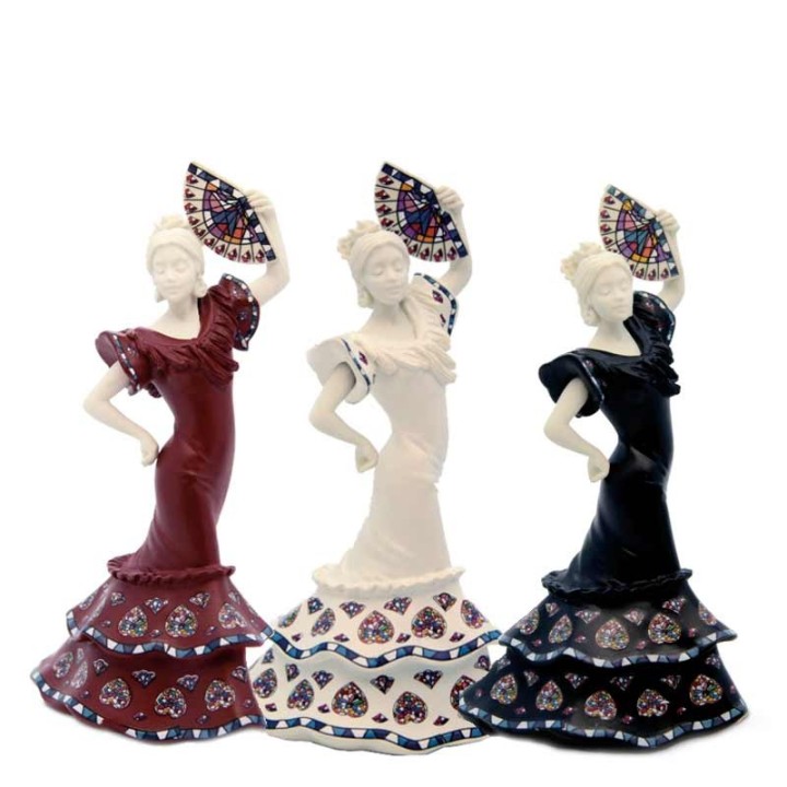 Figurita sevillana de ceramica con abanico Creaciones Nadal colores rojo blanco y negro 9,8 cm - ZiNGS
