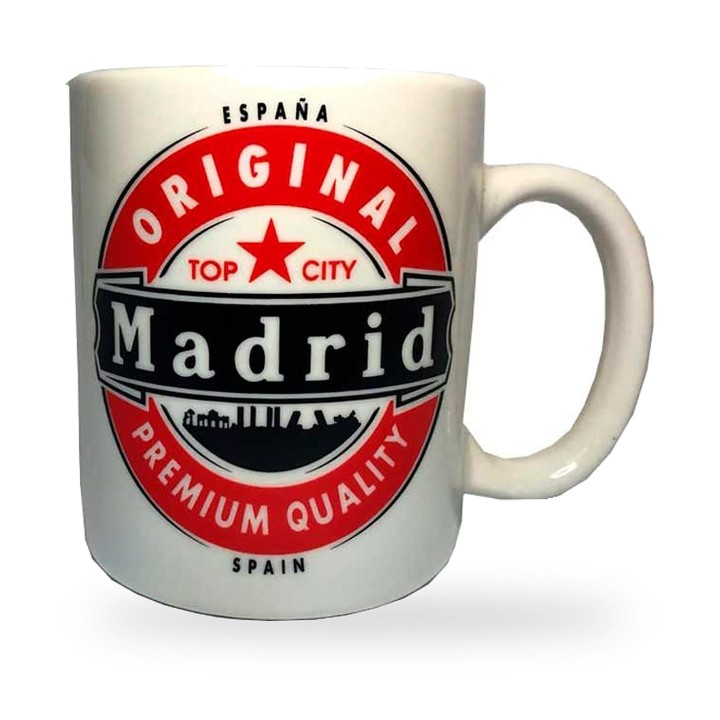 Caneca Madrid Souvenirs, modelo Madrid Original com selo vermelho e preto