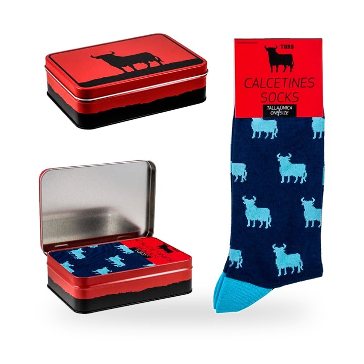 Socken mit Osborne-Stier in der Geschenkdose aus Metall