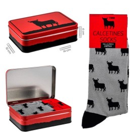 Grey socks with Toro de Osborne Spanish bull silhouette in red metal gift tin box - Spain souvenir