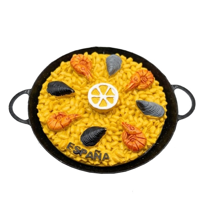 Íman de frigorífico paella de marisco com receita