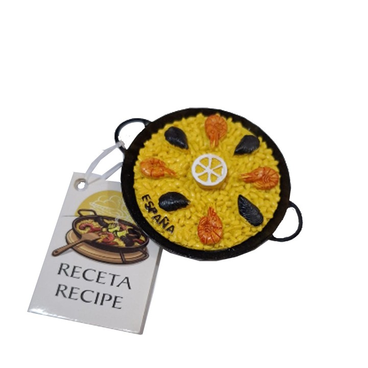 Calamita da frigo paella ai frutti di mare con l'etichetta della ricetta