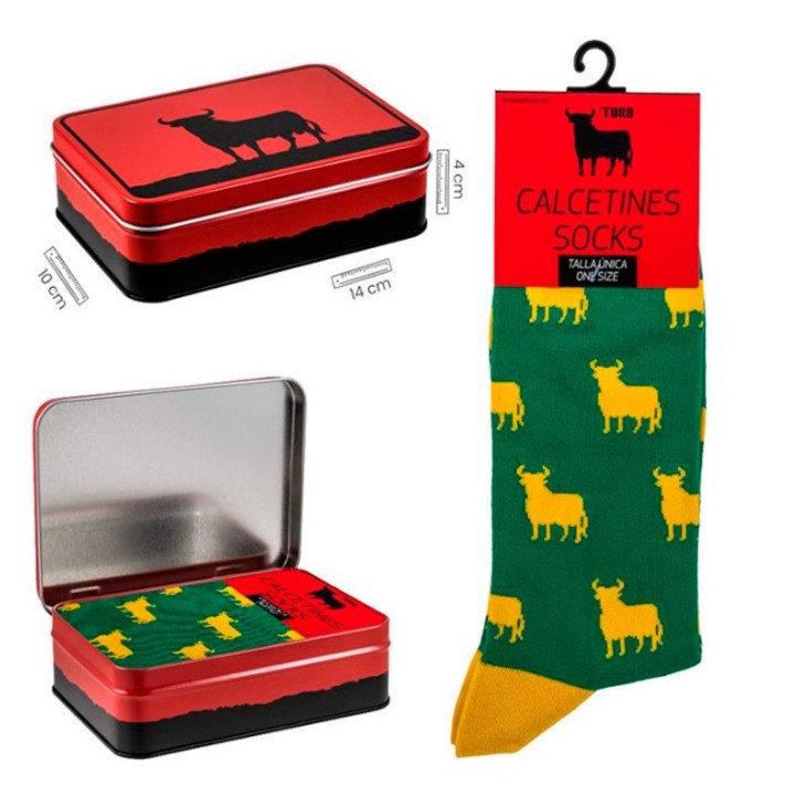 Green socks with yellow Toro de Osborne Spanish bull silhouette in red metal gift tin box - Spain souvenir