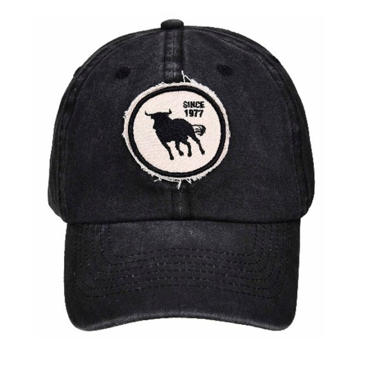 Washed denim black vintage baseball cap with embroidered Spanish fighting bull patch
