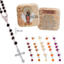 Rosenkranz der Virgen del Pilar aus Holz in der Metalldose