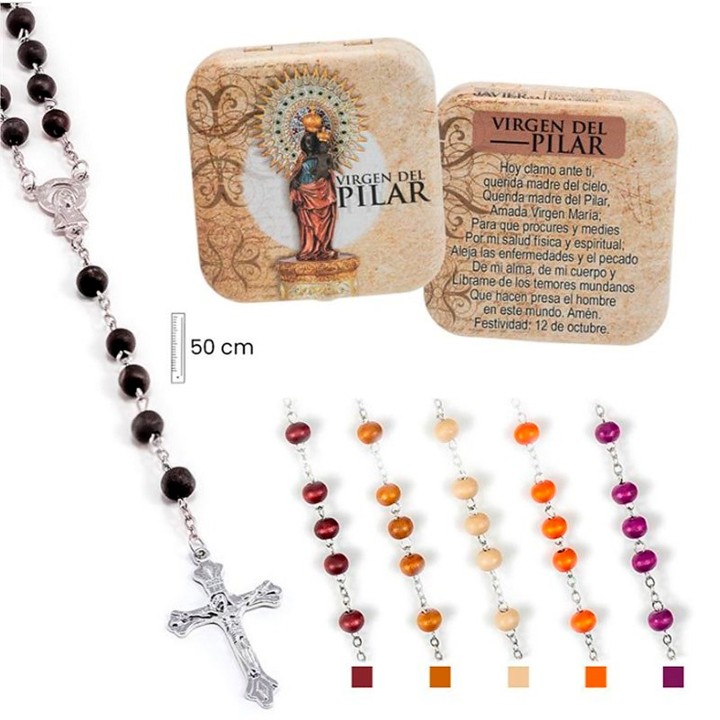 Rosenkranz der Virgen del Pilar aus Holz in der Metalldose