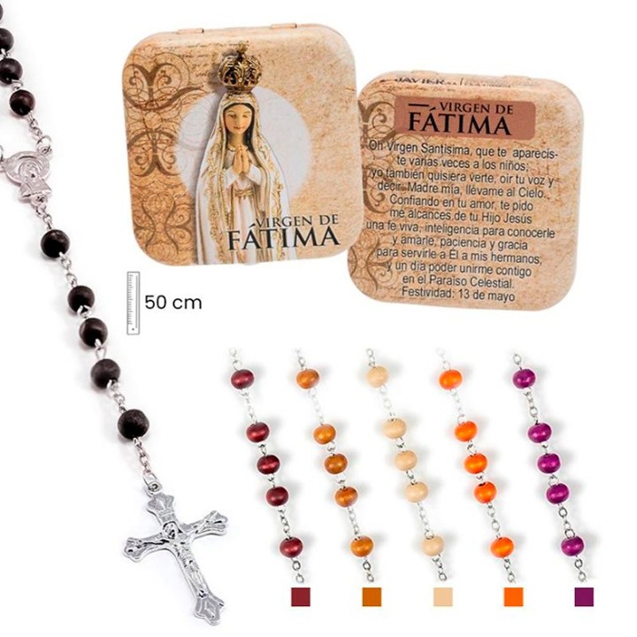 Rosenkranz der Muttergottes von Fátima aus Holz mit Metalldose