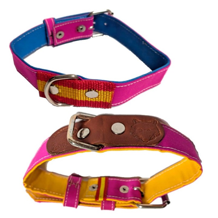 Collar de perro taurino en tela de capote fucsia y amarillo con hebilla metálica resistente - Souvenir Zings