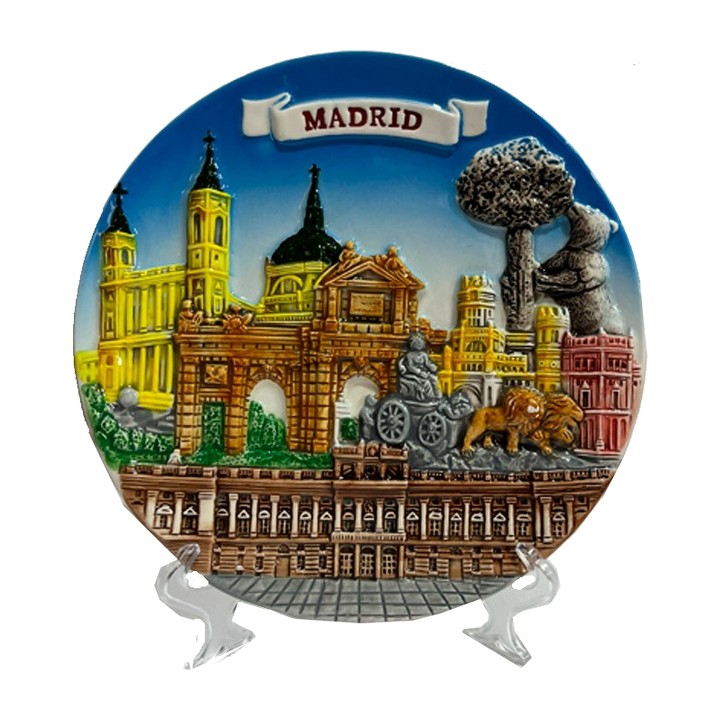 Souvenirteller Madrid mit Sehenswürdigkeiten im 3D-Relief und Ständer