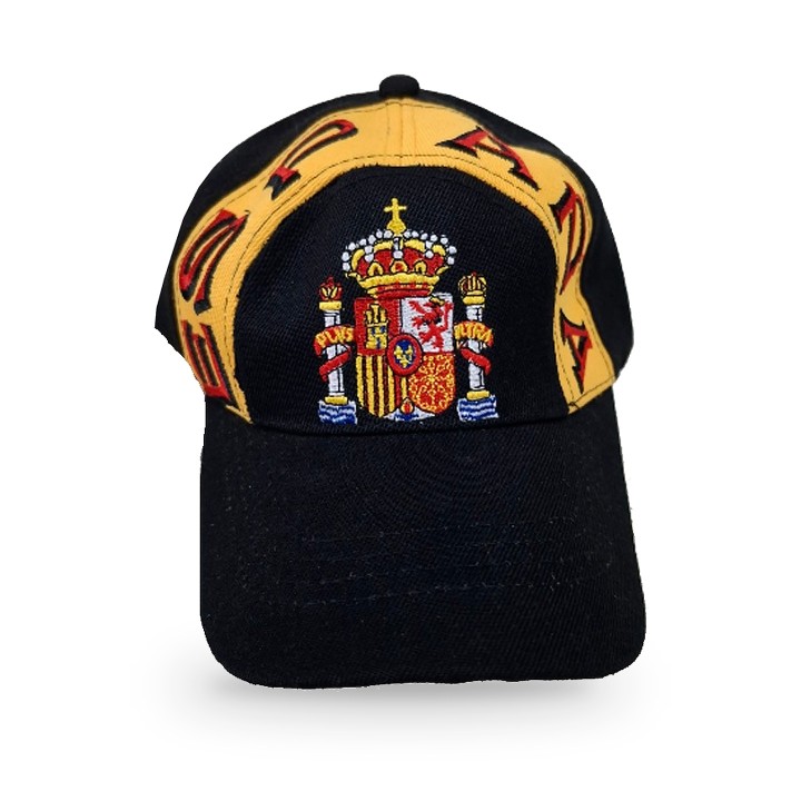 Boné de Espanha com escudo bordado, preto com faixa amarela