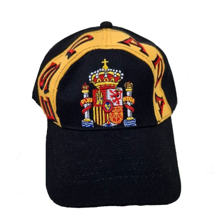 Casquette noire avec bande jaune brodée España et armoiries officielles d'Espagne - Souvenir Zings