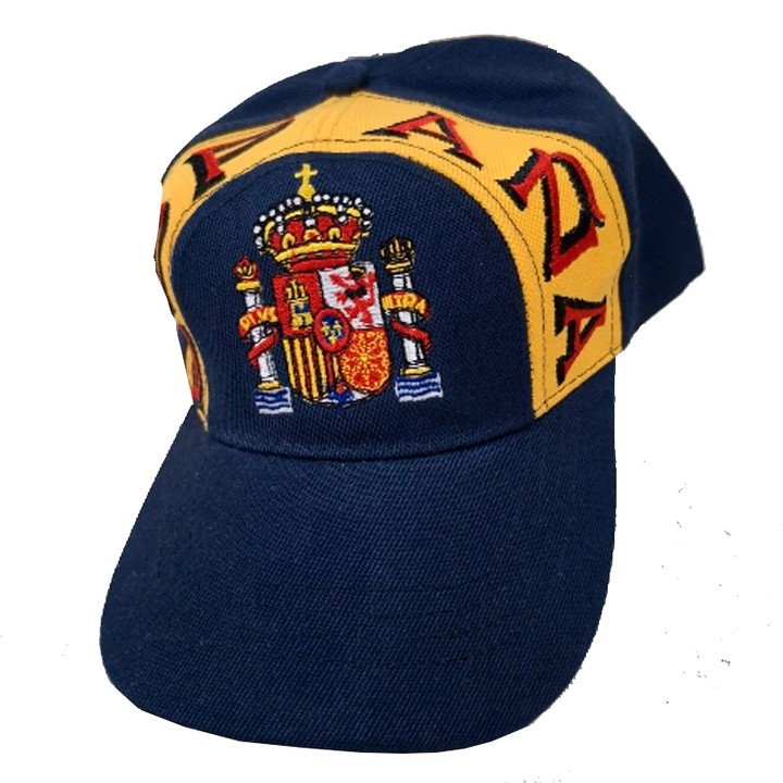 Boné de Espanha com escudo bordado, azul-marinho, vista de três quartos
