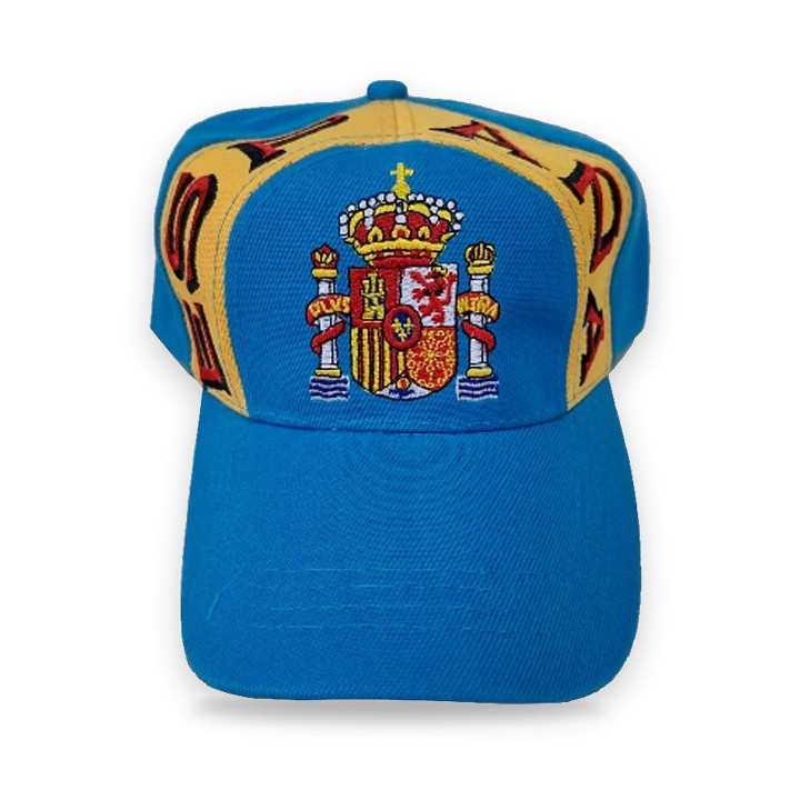 Casquette Espagne à écusson brodé, bleu ciel à bande jaune