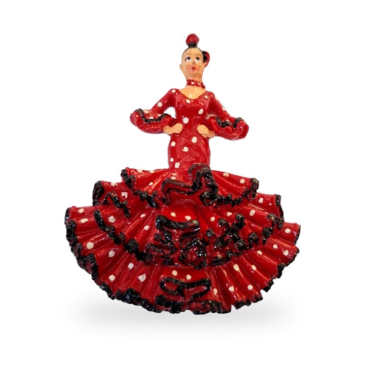 Calamita da frigo ballerina in resina con abito rosso a balze e pois
